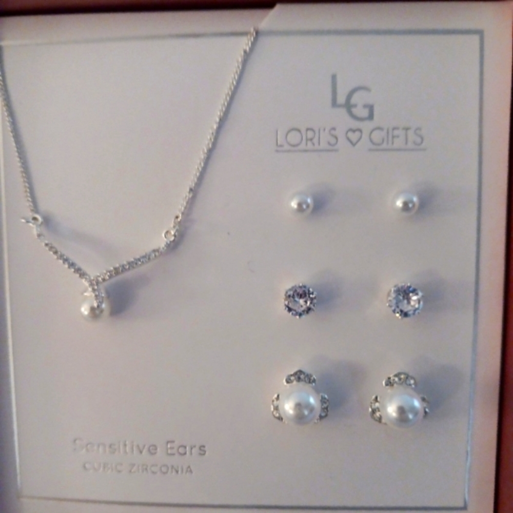 CZ Earrings and Necklace set Lori's Gifts sensitive ears